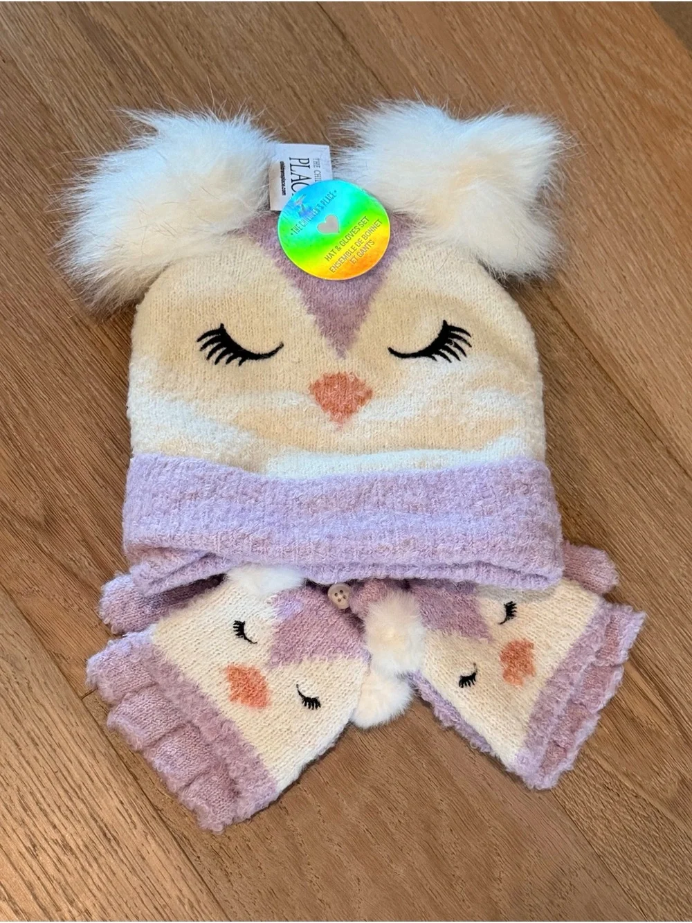 The Children's Place Lilac & White Pom Pom Owl Hat and Mitten Set